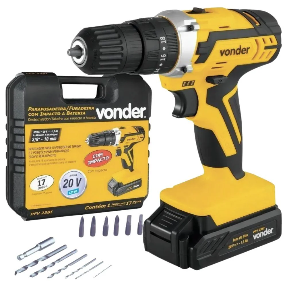 Parafusadeira/Furadeira de Impacto 3/8" 20V PFV 238I com Bateria, Carregador e Maleta - Vonder